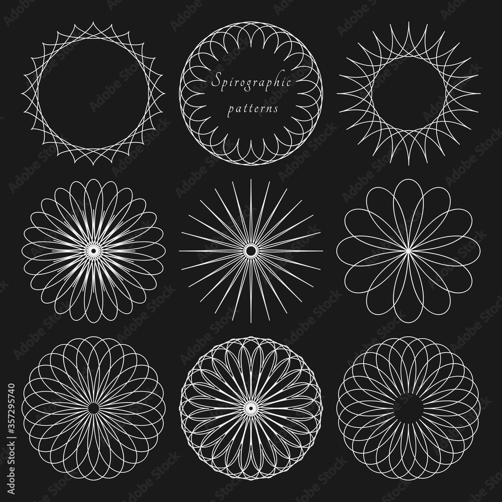 Set round linear elements for design. Spirographic patterns for design logos, icons, postcards, or invitations.