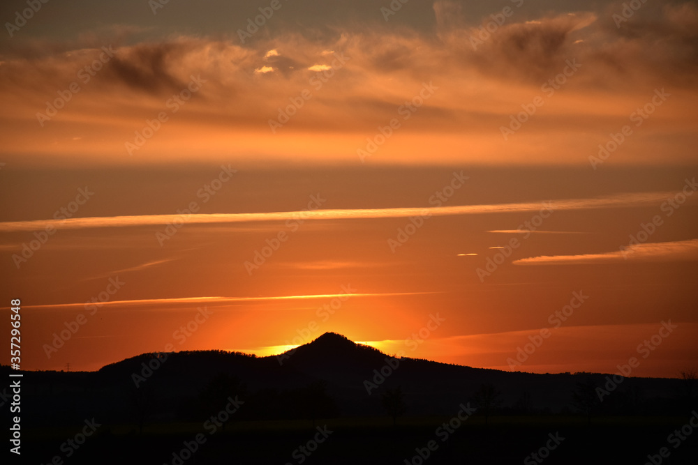Sunset with most famous Polish old volcano, Ostrzyca