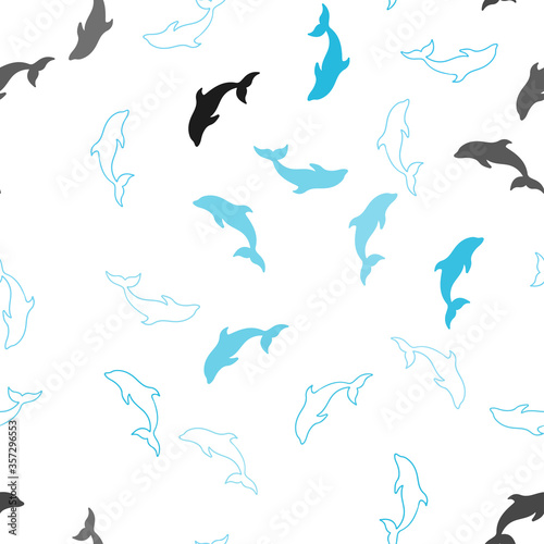 Dark BLUE vector seamless background with dolphins.