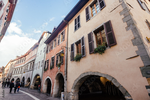 Fototapeta Naklejka Na Ścianę i Meble -  Meribel, France-July 17, 2019: photography of a small cute European houses. Cobblestone narrow streets