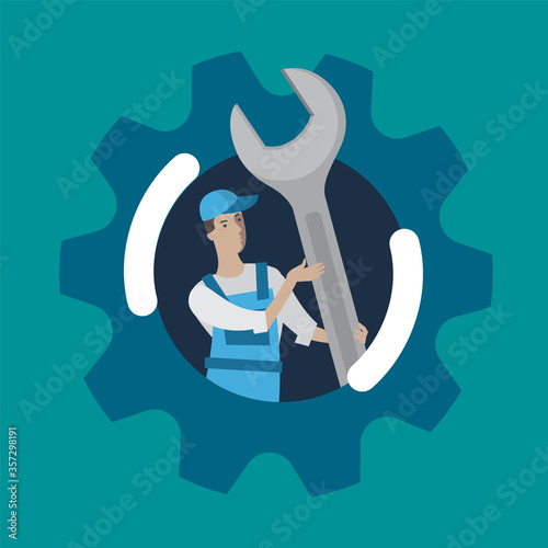 work with a wrench with a gear, vector business illustration, icon.