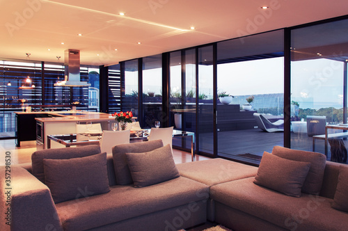 Modern living room overlooking balcony