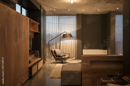 Chair and floor lamp in corner of modern living room