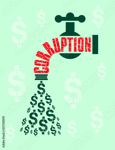 Hand say no against corruption, water tap wasting money from corruption concept.