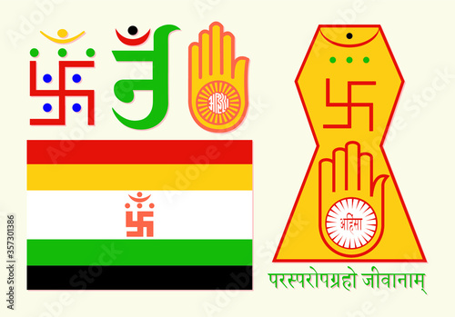 Jain dharma ahimsa om, Jainism flag and symbols.