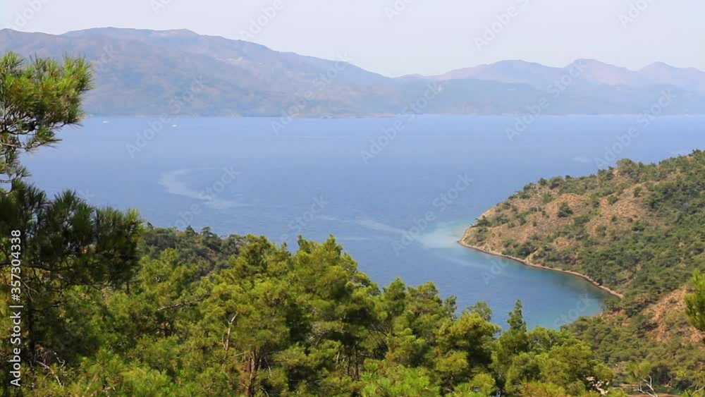 Marmaris Amazon Bay and Beach. Mediterranean Sea and pine trees, Turkey Country
