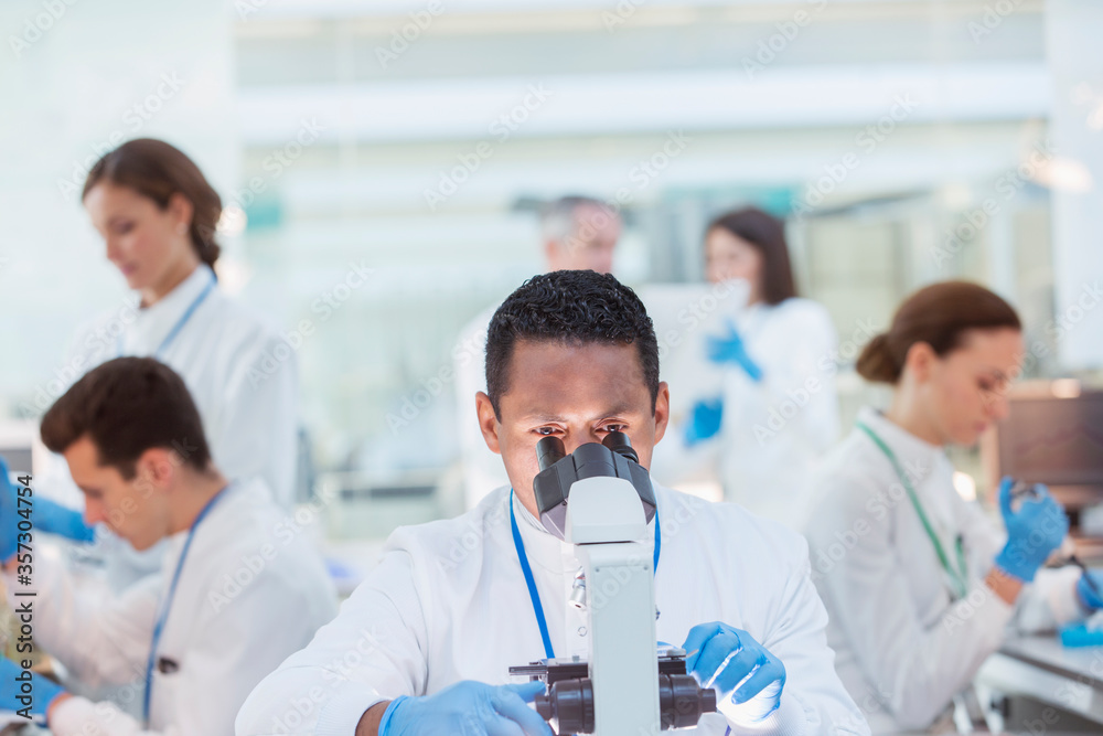Scientist examining sample under microscope in laboratory Scientist examining sample under microscope in laboratory