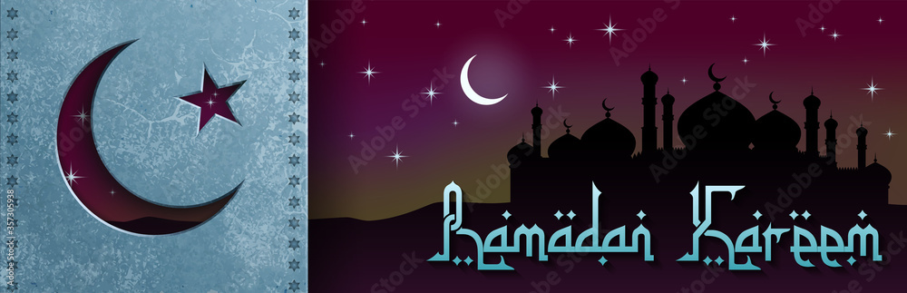 Ramadan Kareem Vector background, View of mosque in shiny night background for holy month of muslim community Ramadan Kareem, Vector illustration