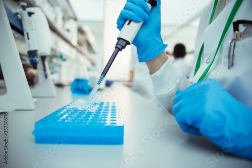 Scientist pipetting samples into tray in laboratory photo
