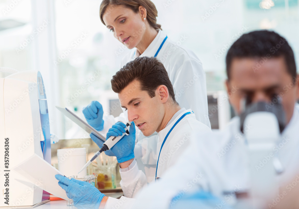 Scientist pipetting sample in laboratory Scientist pipetting sample in laboratory