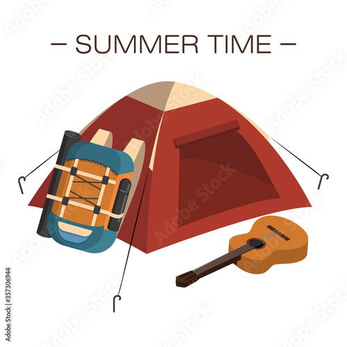 Tent, big travel backpack and guitar in clearing. Summer illustration about hiking and camping. Isolated object on white background