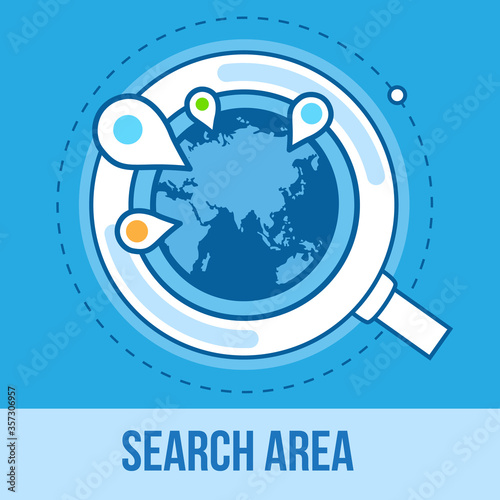 Analyzing the world. Location search. Magnifier glass with globe vector illustration.