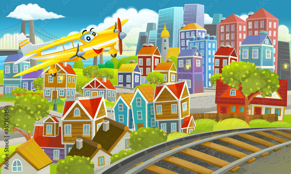 cartoon happy and funny scene of the middle of a city with flying plane illustration