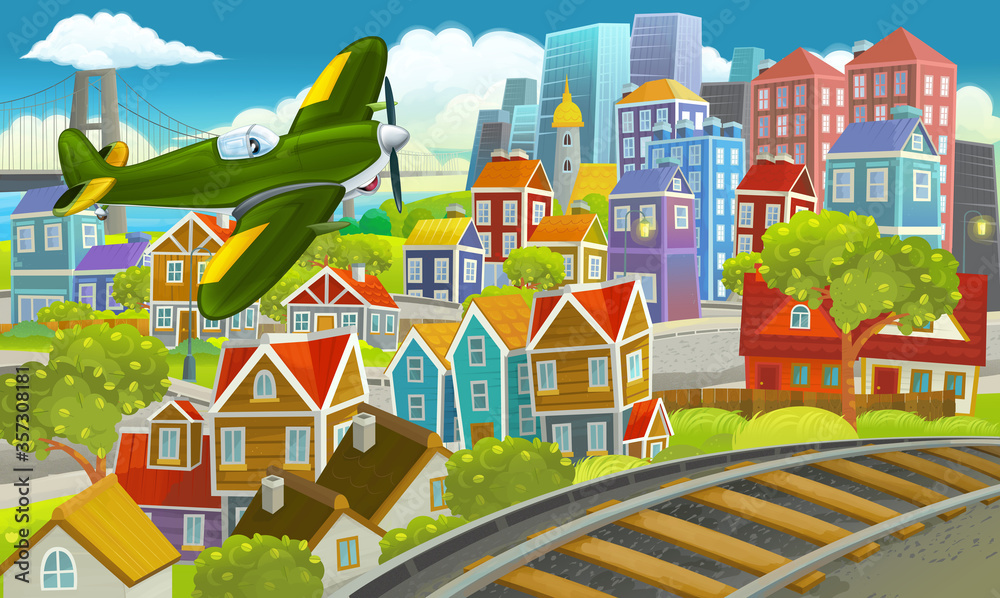 cartoon happy and funny scene of the middle of a city with flying plane illustration