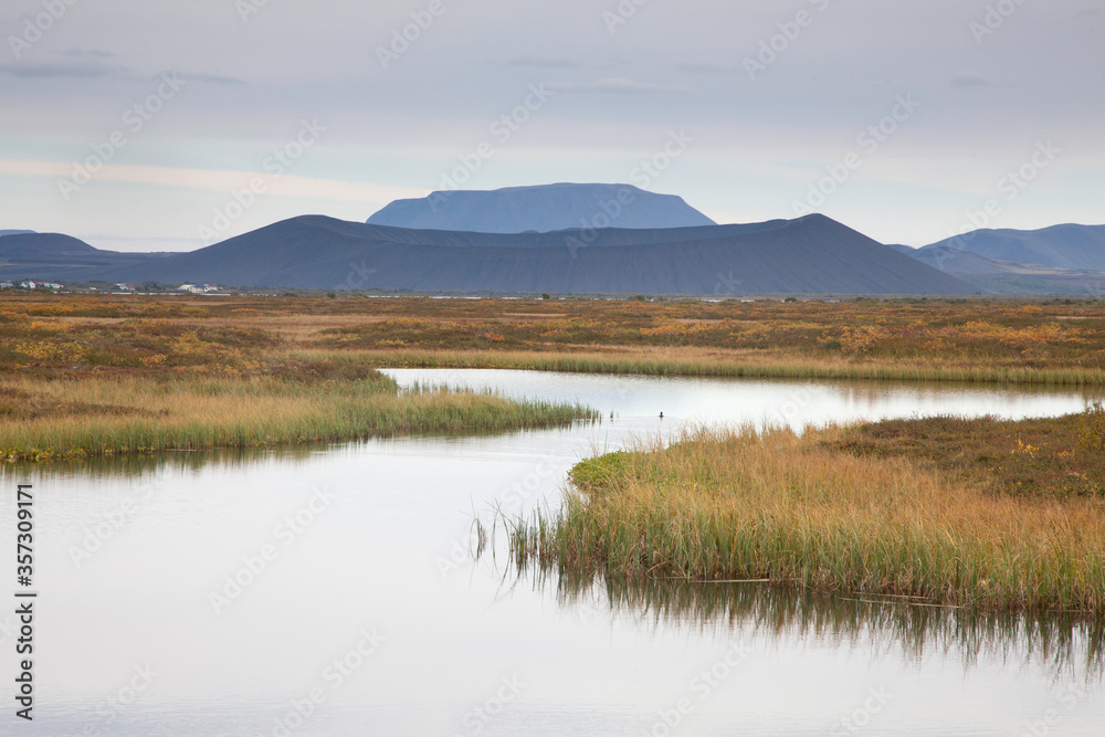 Calm lake and mountain landscape, Lake Myvatn, Iceland