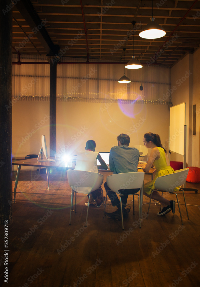Fototapeta premium Business people at laptop preparing audio visual presentation