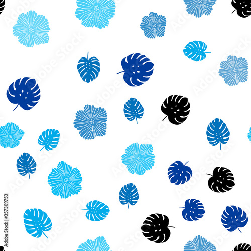 Light Blue, Green vector seamless doodle template with flowers, leaves.
