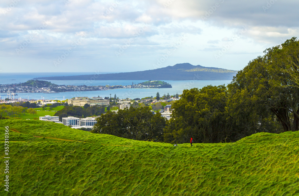 Panoramic View from Mt Eden Crater looking to Rangitoto Island & Volcano, Auckland New Zealand