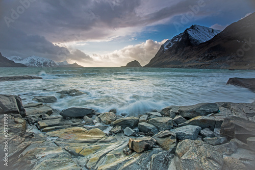 Scenic view of craggy ocean bay mountains, HauklLofoten Islands, Norway
