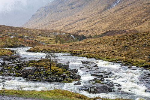 Winding river through highlands landscape  Glen Etive  Argyll  Scotland
