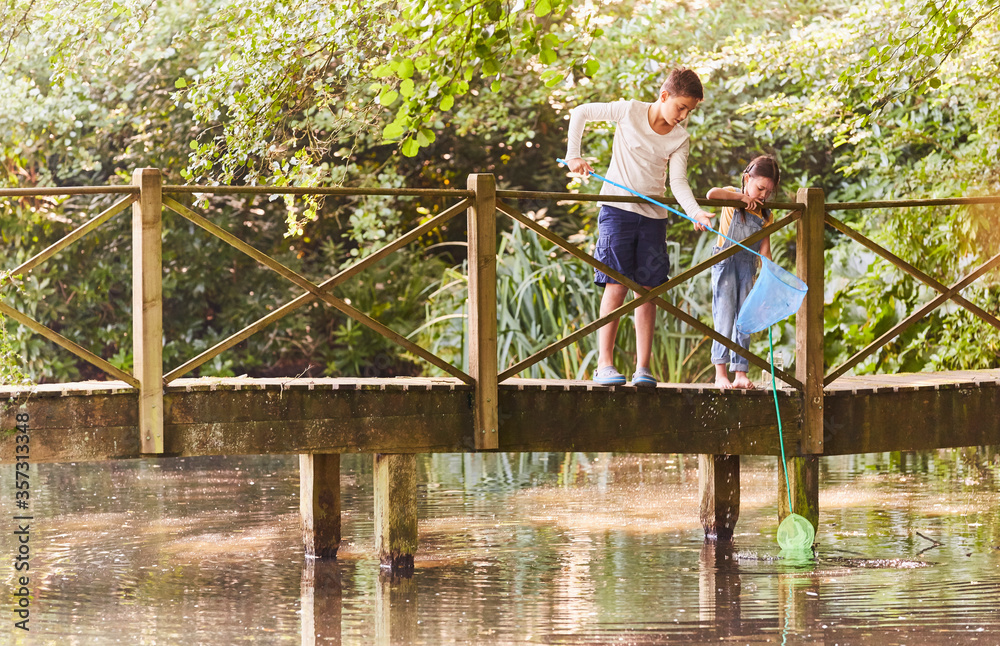 Brother and sister fishing with nets at footbridge over pond Brother and sister fishing with nets at footbridge over pond