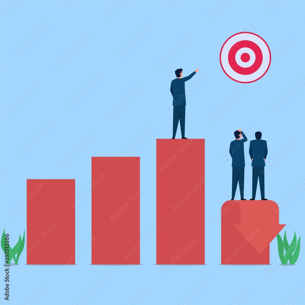 Manager point on target while graph going down metaphor of loss. Business flat vector concept illustration.