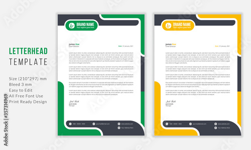 Simple Modern Letterhead vector template design. Creative & Clean business style print ready letterhead for your corporate project. Green & Yellow Letterhead Design Template.