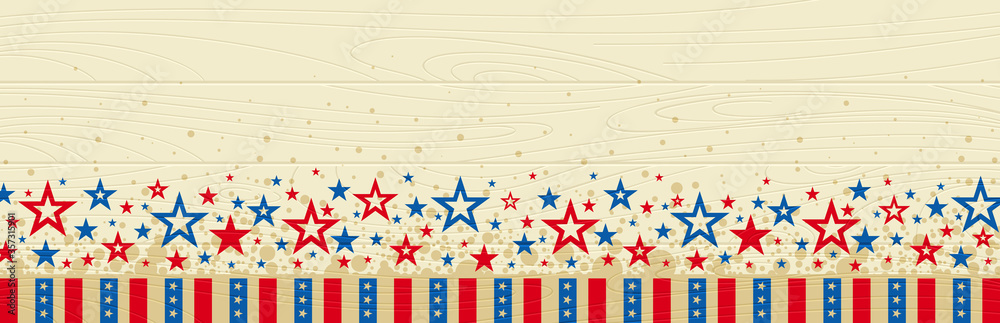 Obraz premium Wooden web banner with elements of the American national flag, red and blue stars. Decorative USA banner suitable for background, headers, posters, cards, website. Vector illustration