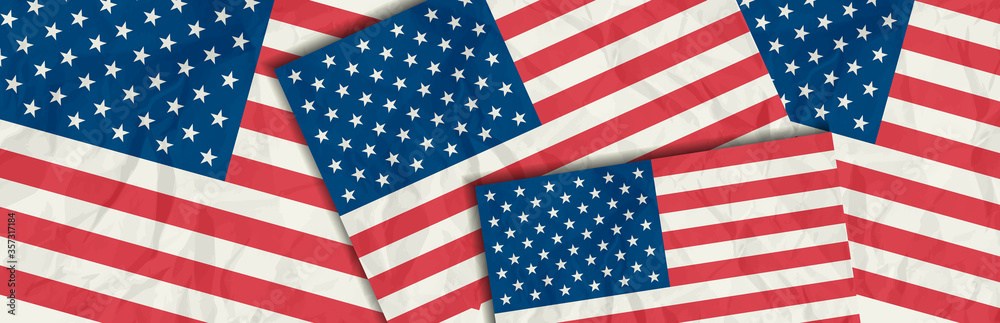 Banner with background of grunge USA flags. Decorative American banner suitable for background, headers, posters, cards, website. Vector illustration