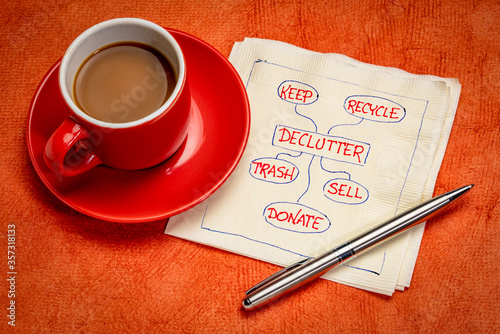 declutter concept (keep, recycle, trash, sell, donate - motivational handwriting on napkin with a cup of coffee