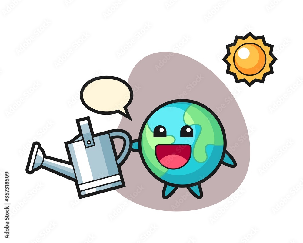 Earth cartoon holding watering can Earth cartoon holding watering can
