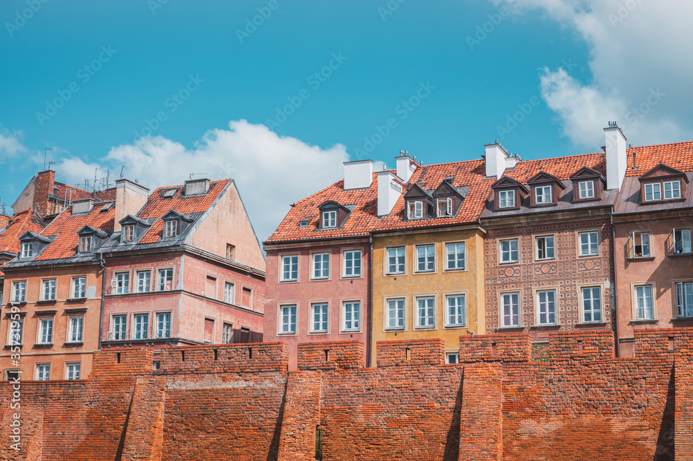 Buildings of Warsaw Old Town in Poland on a sunny day
