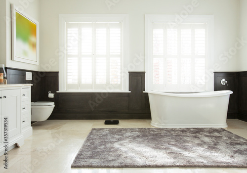 Soaking tub in luxury bathroom