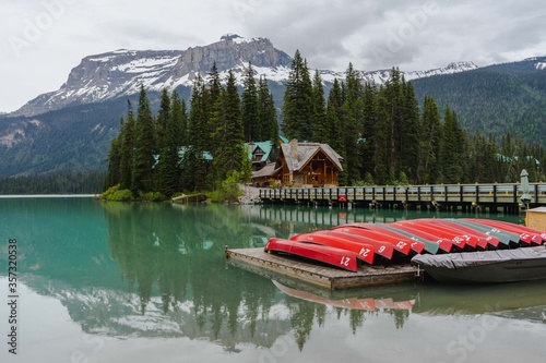 Emerald Lake with iconic Emerald Lodge in Yoho National Park, Beautiful British Columbia, Canada