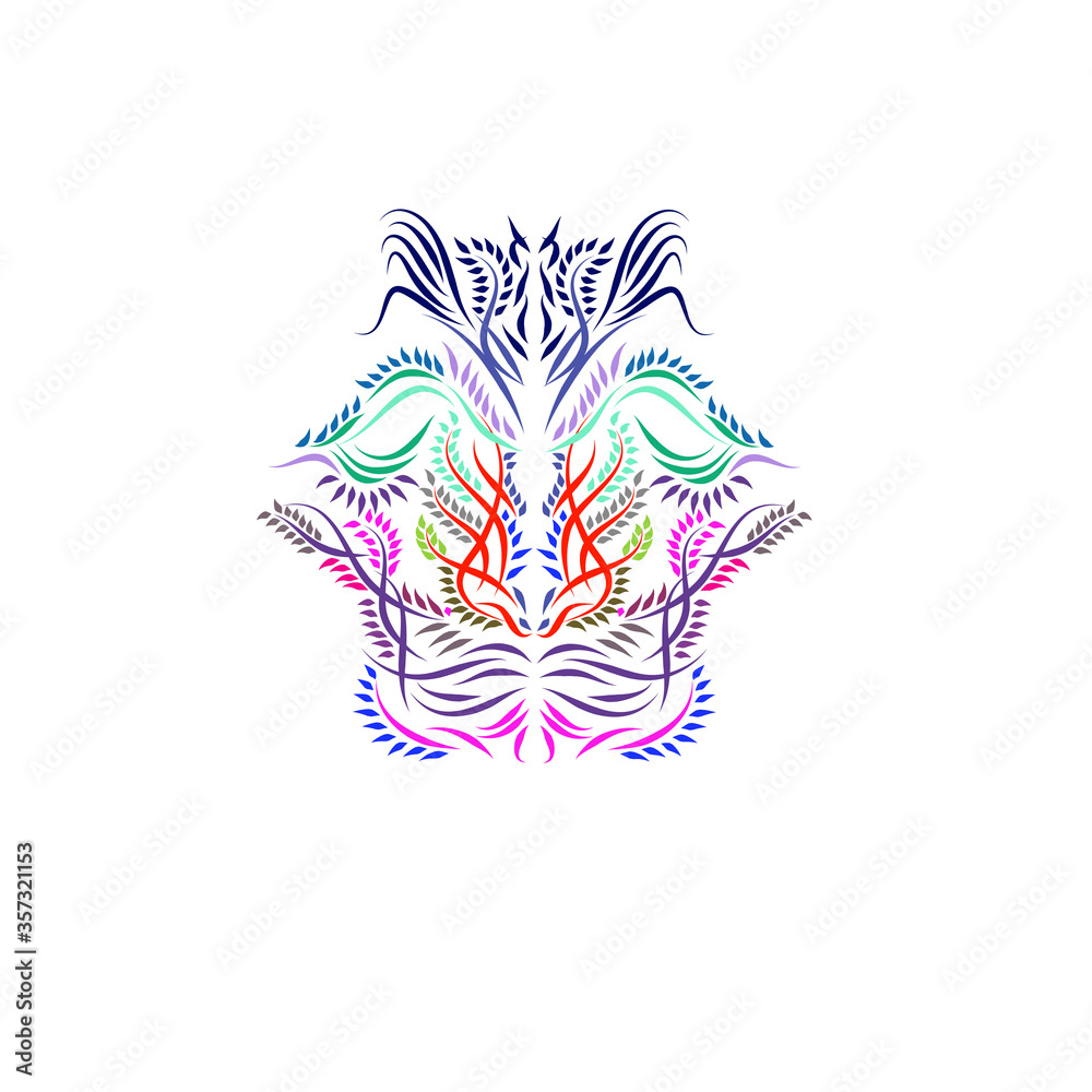 vector illustration of an abstract tiger, human and peacocks. Modern vector floral illustration