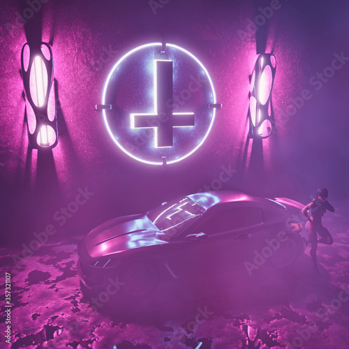 Obraz na płótnie advanced sports car and a gorgeous young woman next to glowing neon sign of reve