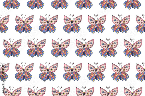 Wallpaper Mural Seamless pattern with beautiful colorful butterfly on white background. Perfect for textile fabric print, wrapping, wallpapers, decoration, etc. Hand drawn illustration. Torontodigital.ca