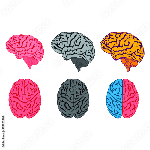 Set of Simple Vector Design of a Brain in Blue, Red, Black and White