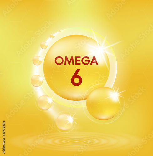 Omega 6 Nutrients and Vitamin drop pill capsule. Shining golden essence droplet. Beauty treatment nutrition skin care design. Vector illustration.