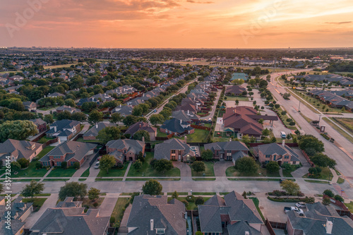 Sunset Aerial view of neighborhood in Coppell, TX 