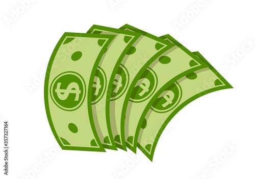 Money fan banknote flat cartoon style. Pile of dollar cash, green banknotes, bank currency sign. Pay wage dollar fan. Banking finance investment, green paper bills. Isolated vector illustration