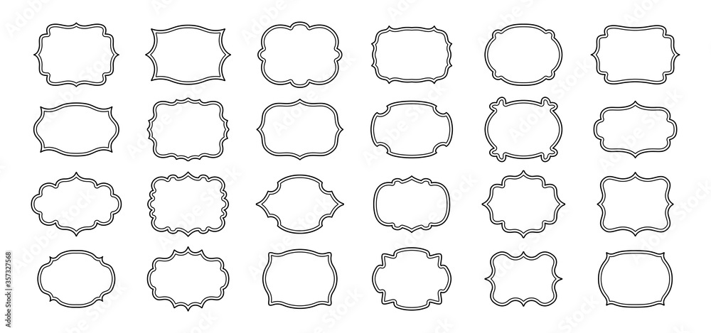 Label frames line set. Black linear sticker tag. Decorative vintage empty curly frame collection. Outline silhouette, various shape figured banner. Isolated vector illustration