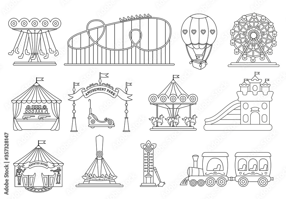 Amusement park black line silhouette set. Carousel cartoon style. Fairground, rollercoaster, carousel horse, air balloon, ferris wheel kid fun time. Circus marquee summer leisure. Vector illustration
