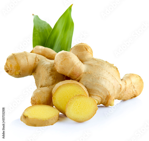 Fresh ginger with leaves isolated on white background.