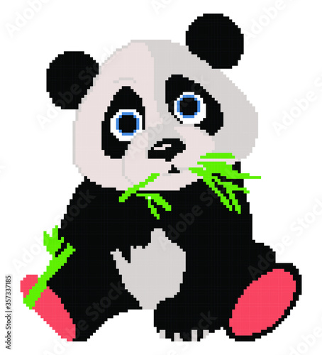 Panda pixel art on white background.