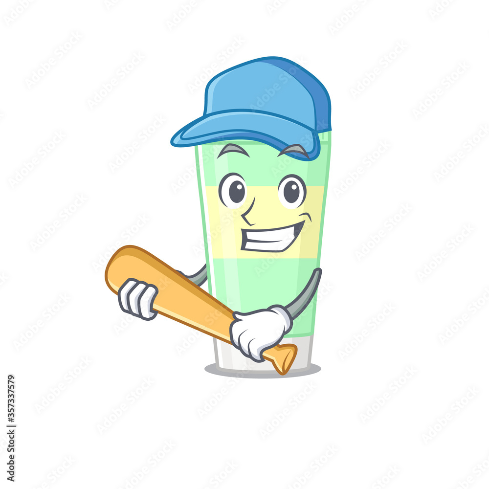 Attractive cleansing foam caricature character playing baseball