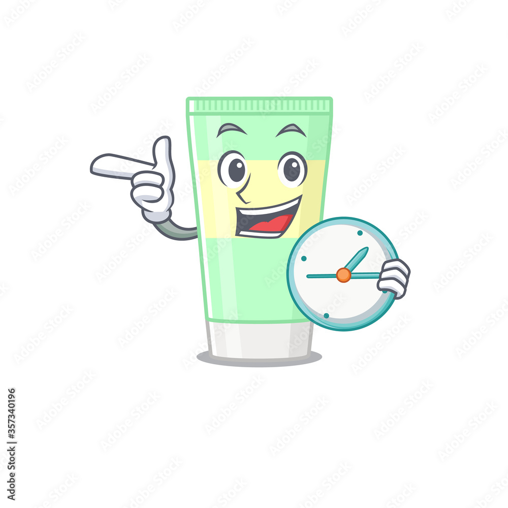 mascot design style of cleansing foam standing with holding a clock mascot design style of cleansing foam standing with holding a clock