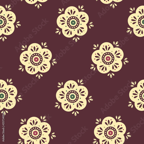 beige flower ornament burgundy background seamless pattern