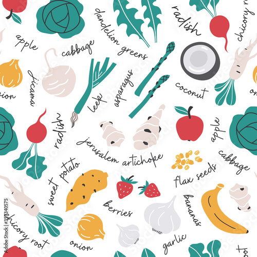 Hand drawn prebiotic garden fruit and vegetables seamless pattern background.