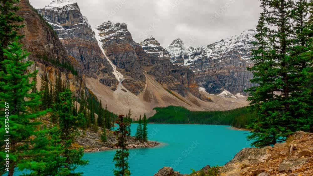 Banff National Park Most Visited Lake Moraine Lake Full View PAN UP Time Lapse 4K
